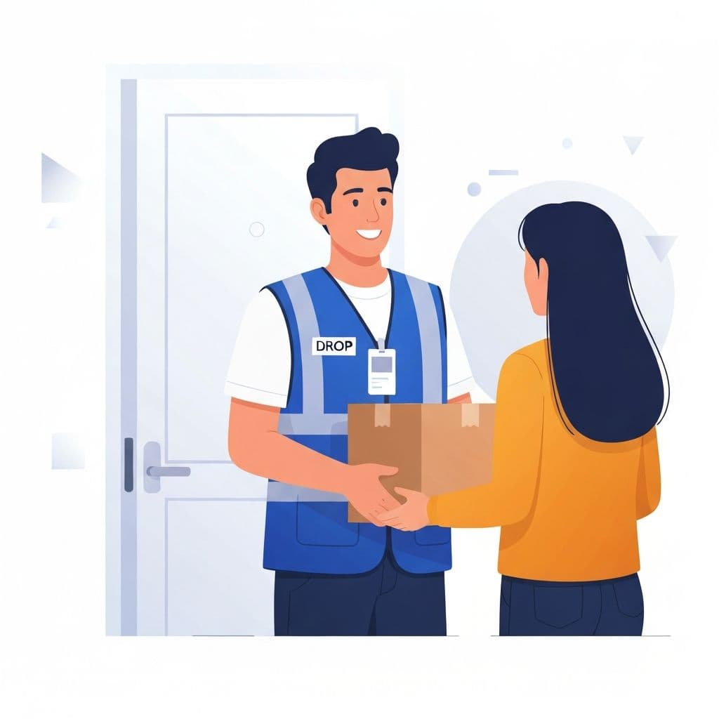 DROP courier in a blue vest with DROP badge delivering a package to a customer at their door