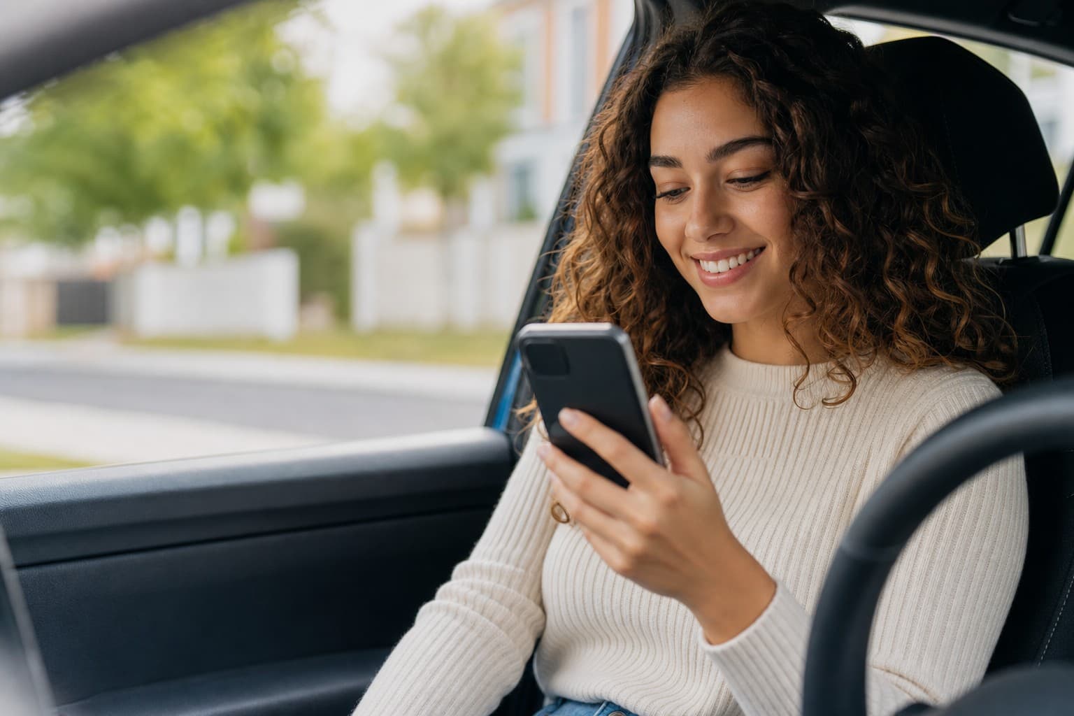 DROP courier checking her phone in her car