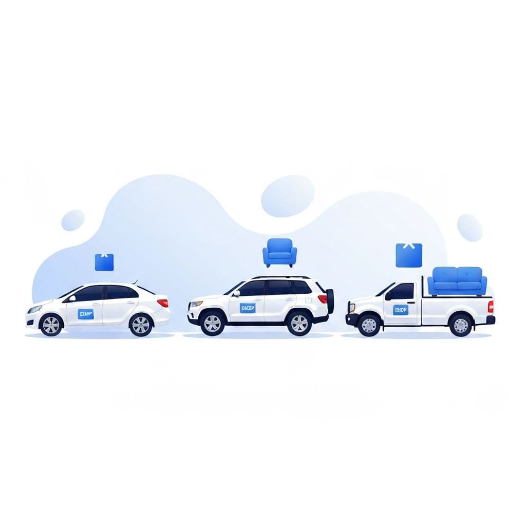 Three different vehicles matched to different item sizes from small to large