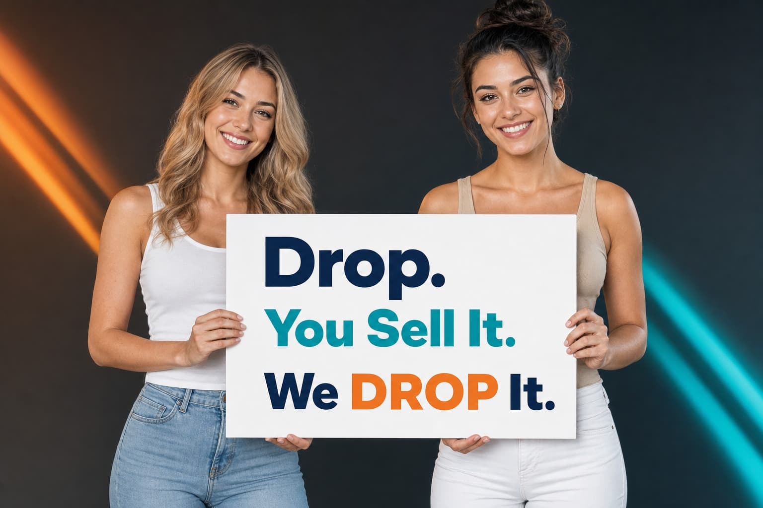 Two women holding a sign that says Drop. You Sell It. We DROP It.