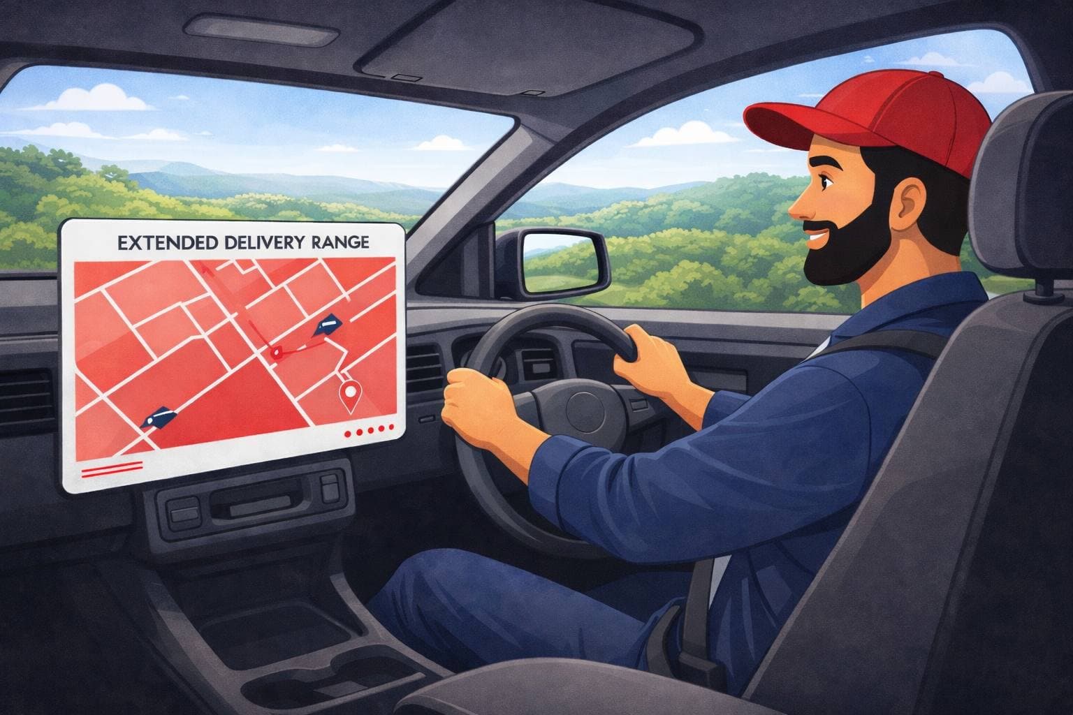 Illustration of a courier delivering food from a far-away restaurant